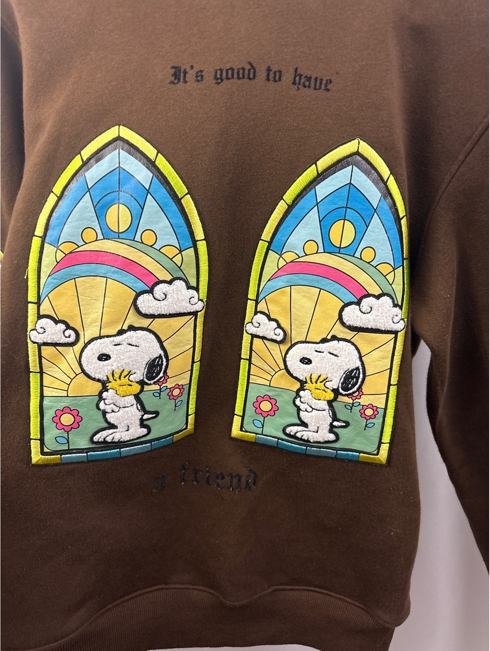 Peanuts Snoopy Brown Hoodie Friend Stitch Colorful Stained Glass Window , Size S - Picture 2 of 7